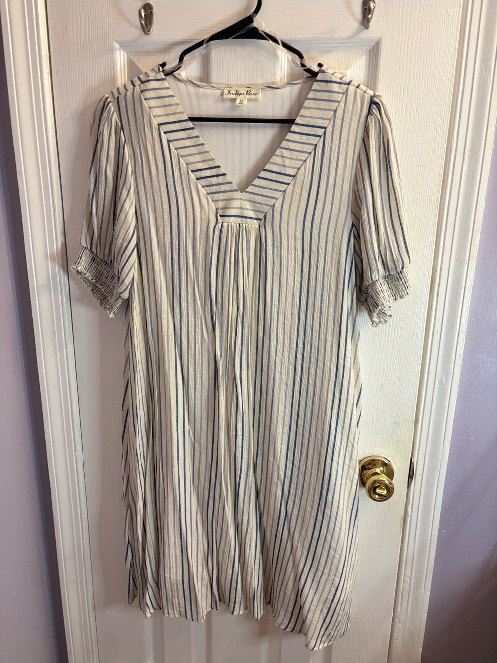 Striped V-Neck Midi Dress in Cream and Blue by Indigo Rose